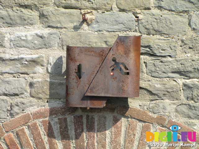 SX28267 Rusted metal emergency exit sign La Cite, Carcassone